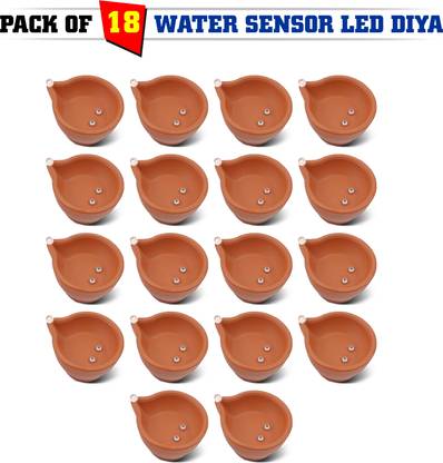 SLYKA Water Sensor Brown Real Diya, Lighten Up When Fill with Water Plastic (Pack of 18) Table Diya Set