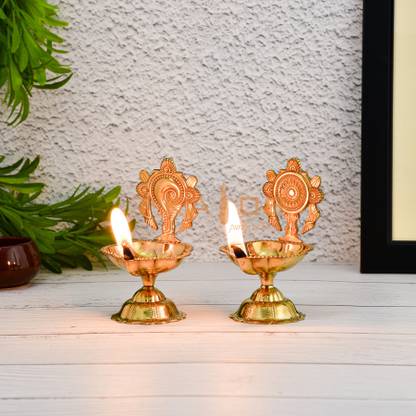 T-KA108 Shanku Chakra Kuber Deepam for Home Pooja Decor Brass (Pack of 2) Table Diya Set