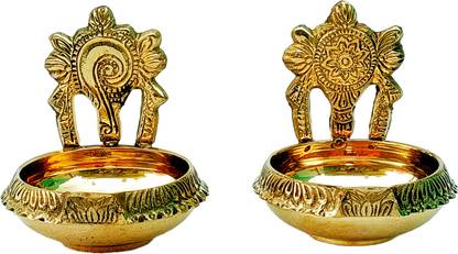 Sk Metals Brass Sangu chakkaram Kubera Deepam Diya, Dia 2.7 IN,HT 3.2 IN,WT220gm Brass (Pack of 2) Table Diya Set
