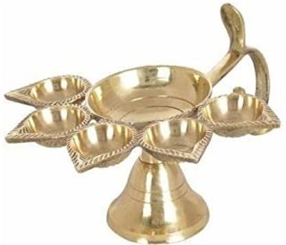 MEHAKENTERPRISES Panch Pradeep Iskcon Pancha pradip Lamp Big Size || Handle Diya For Puja Brass Table Diya