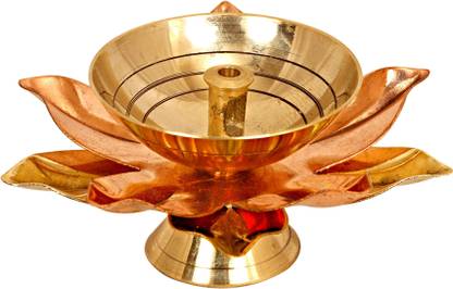 IndianArtVilla Brass & Copper Plated Lotus Design Diya Deepak, Arti Poojan Temple Home Décor, Width 2.8'' Inch Brass Table Diya