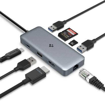 Spigen Type C 8 in 1 USB Hub with USB-A X3, USB-C, HDMI, Micro SD/SD Reader, Ethernet ( 100W PD, USB 3.0 5Gbps, 4K 30HZ)