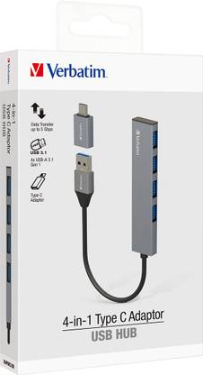 Verbatim Premium USB HUB Multiport Adapter with Speed Data Transfer for Laptop, MacBook 66627 4-in-1 USB Hub with Type C Adaptor