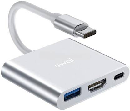 awQi 3 in 1 Type C USB HUB | Type C HUB | USB-C to HDMI Adaptor AQ HB1200 4K HDMI with USB-C 100W PD Charging, USB 3.0, Aluminium Body