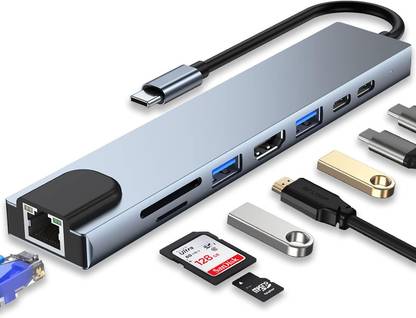 GITRU USB C HUB, 8 in 1 USB C Adapter with 4K HDMI, 100W PD, USB C Port, USB 3.0 RJ45 Ethernet, SD/TF Card Reader, Type C Multi Port Hub