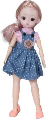 Tickles Set Movable Joint Makeup Cute Girl Brown Eyes Fashionable Doll White Dots Printed on Frock for Kids Girls