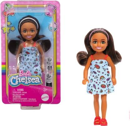 BARBIE Chelsea Doll,Blue Dress & Pink Shoes, Brown Hair & Green Eyes