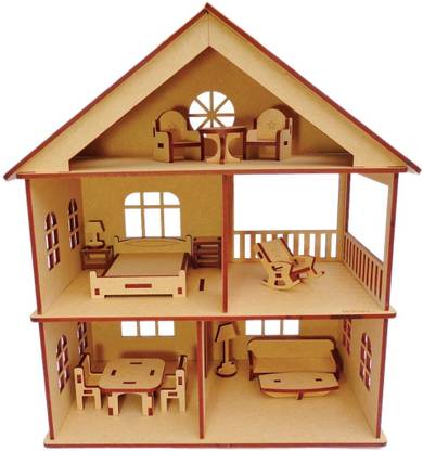 WISHLUCK Wooden Dollhouse with Furniture – 3-Story DIY Miniature Playhouse for Kids