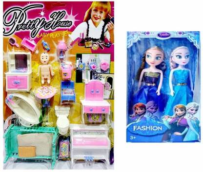 ANANYA CREATIONS Pretty Home Baby Play Doll Sets with Small House 20 Accessories, 2 Sisters Doll