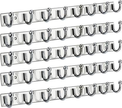 URIM Premium Stainless Steel 8 Pin Cloth Hanger Wall Mounted Bathroom Cloth Hanger,Coth Wall Hook,Door Hooks Rail for Hanging Keys,Clothes,Towel (Pack of 4) WITH 2 J HOOKS Door Hanger