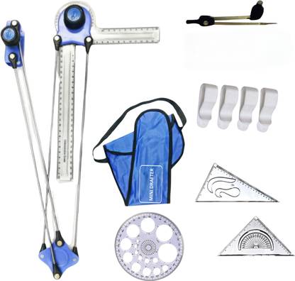 DHAVLO Mini Drafter, Pro Circle, Set Squares, Board Clips, Compass, Blue Engineering Drafting Kit