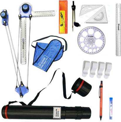 DUSHALA Mini drafter, Sheet holder box, Pro circle, Set squares, scale, Clips, Compass Drafting Kit