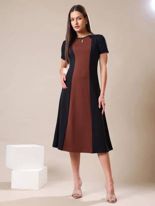 PURVAJA Women A-line Black Midi/Calf Length Dress