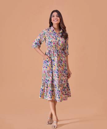 FashFun Women Fit and Flare Multicolor Midi/Calf Length Dress