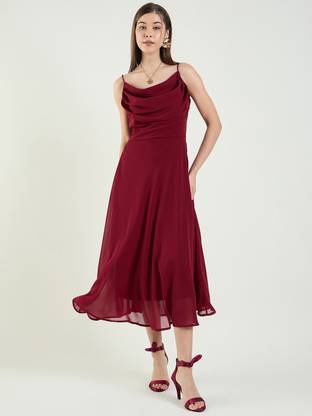 AAYU Women Fit and Flare Maroon Midi/Calf Length Dress