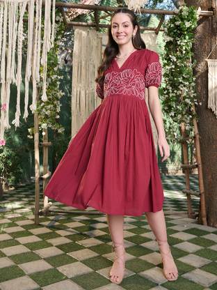Stylum Women Fit and Flare Maroon Maxi/Full Length Dress