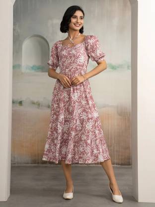 AASK Women Tiered Pink, White Midi/Calf Length Dress
