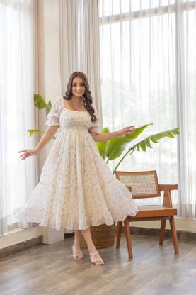 Dream Tree Women Fit and Flare White Maxi/Full Length Dress