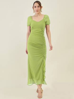 AAYU Women A-line Light Green Maxi/Full Length Dress
