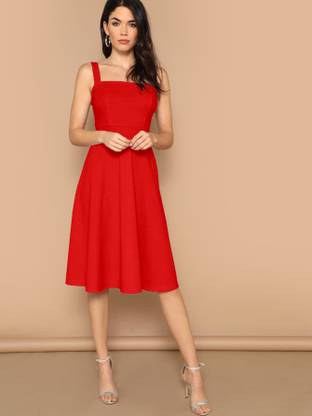 Aahwan Women Fit and Flare Red Below Knee Dress