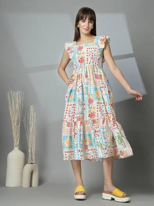 Wordope Women Tiered White Midi/Calf Length Dress