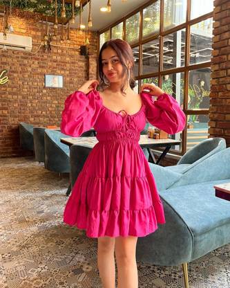 TANDUL Women Fit and Flare Pink Above Knee/Mid Thigh Length Dress