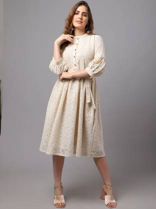 TULSATTVA Women A-line White Midi/Calf Length Dress