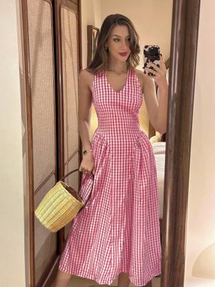 QUINTESSENTIALS Women A-line Red, White Midi/Calf Length Dress