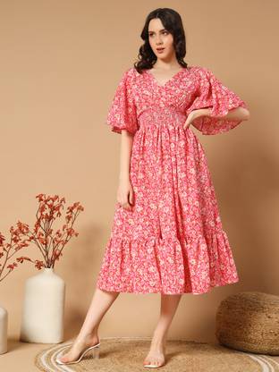 ZWERLON Women A-line Pink Midi/Calf Length Dress
