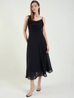 METRONAUT Women Fit and Flare Black Midi/Calf Length Dress