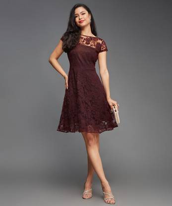 Miss Chase Women Skater Maroon Knee Length Dress