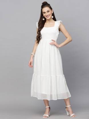 AAYU Women Fit and Flare White Midi/Calf Length Dress
