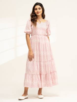 AASK Women Fit and Flare Pink Ankle Length Dress