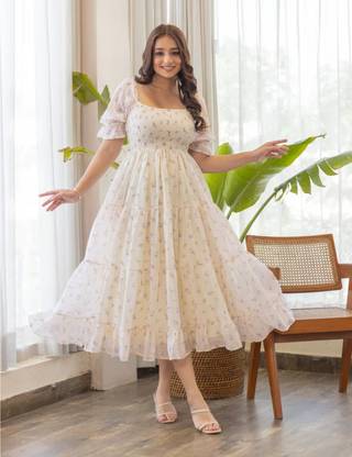 Avlet Women Fit and Flare White Maxi/Full Length Dress