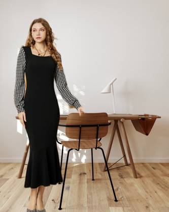 KI STUDIO Women Bodycon Black, White Midi/Calf Length Dress