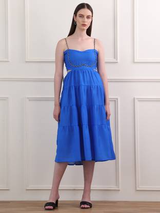 PURVAJA Women Fit and Flare Blue Midi/Calf Length Dress
