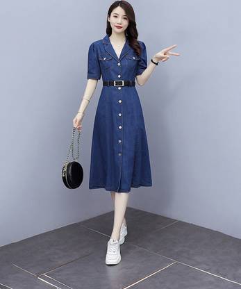 Trendzilla Women A-line Dark Blue Midi/Calf Length Dress