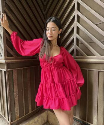 TANDUL Women Fit and Flare Pink Above Knee/Mid Thigh Length Dress