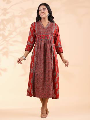 VBUYZ Women A-line Red Midi/Calf Length Dress