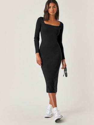 Aahwan Women Bodycon Black Midi/Calf Length Dress
