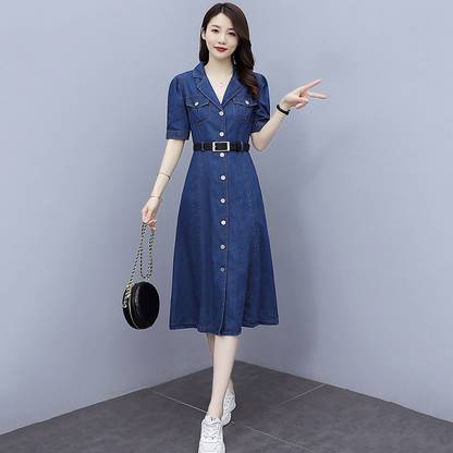 Trendzilla Women A-line Dark Blue Midi/Calf Length Dress