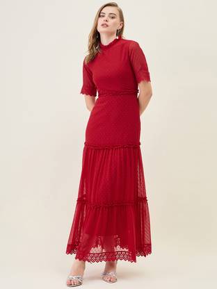 AAYU Women Layered Red Maxi/Full Length Dress
