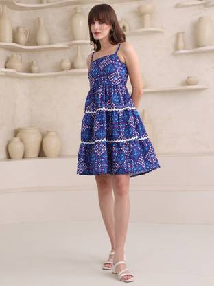 PURVAJA Women Fit and Flare Blue Mini/Short Dress