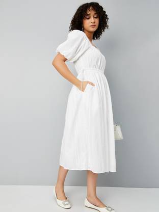 MAX Women A-line Beige Midi/Calf Length Dress