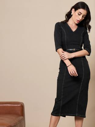 SASSAFRAS worklyf Women Bodycon Black Below Knee Dress