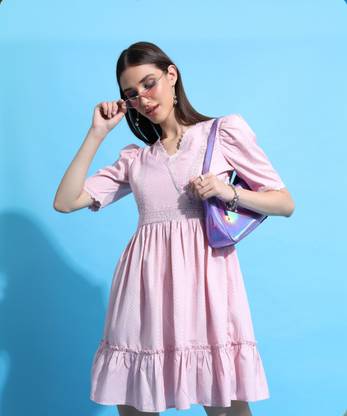 Tokyo Talkies Women A-line Pink Above Knee/Mid Thigh Length Dress