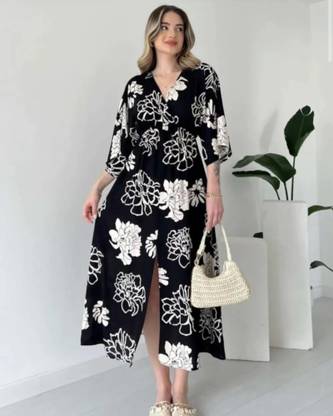 Pimu Women Fit and Flare Black Midi/Calf Length Dress