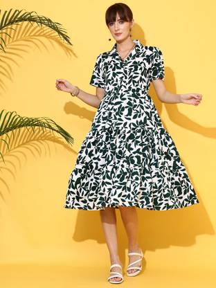 Sheetal Associates Women Asymmetric White, Green Midi/Calf Length Dress