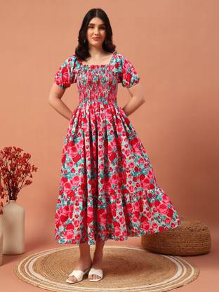 ZWERLON Women A-line Pink Midi/Calf Length Dress