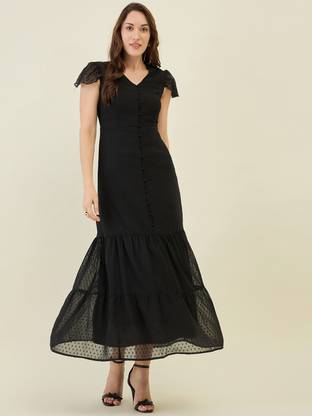 AAYU Women A-line Black Ankle Length Dress